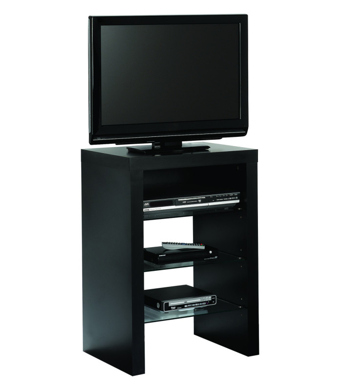 MESA TV/HIFI MAX.24" ATAMBORADA NEGRA C/3 ESTAN. CRISTAL 800x550x395mm